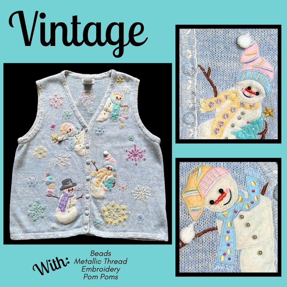 Vintage 90s Snowman Bead Embroidery Blue Sweater Vest Christmas Winter Holidays